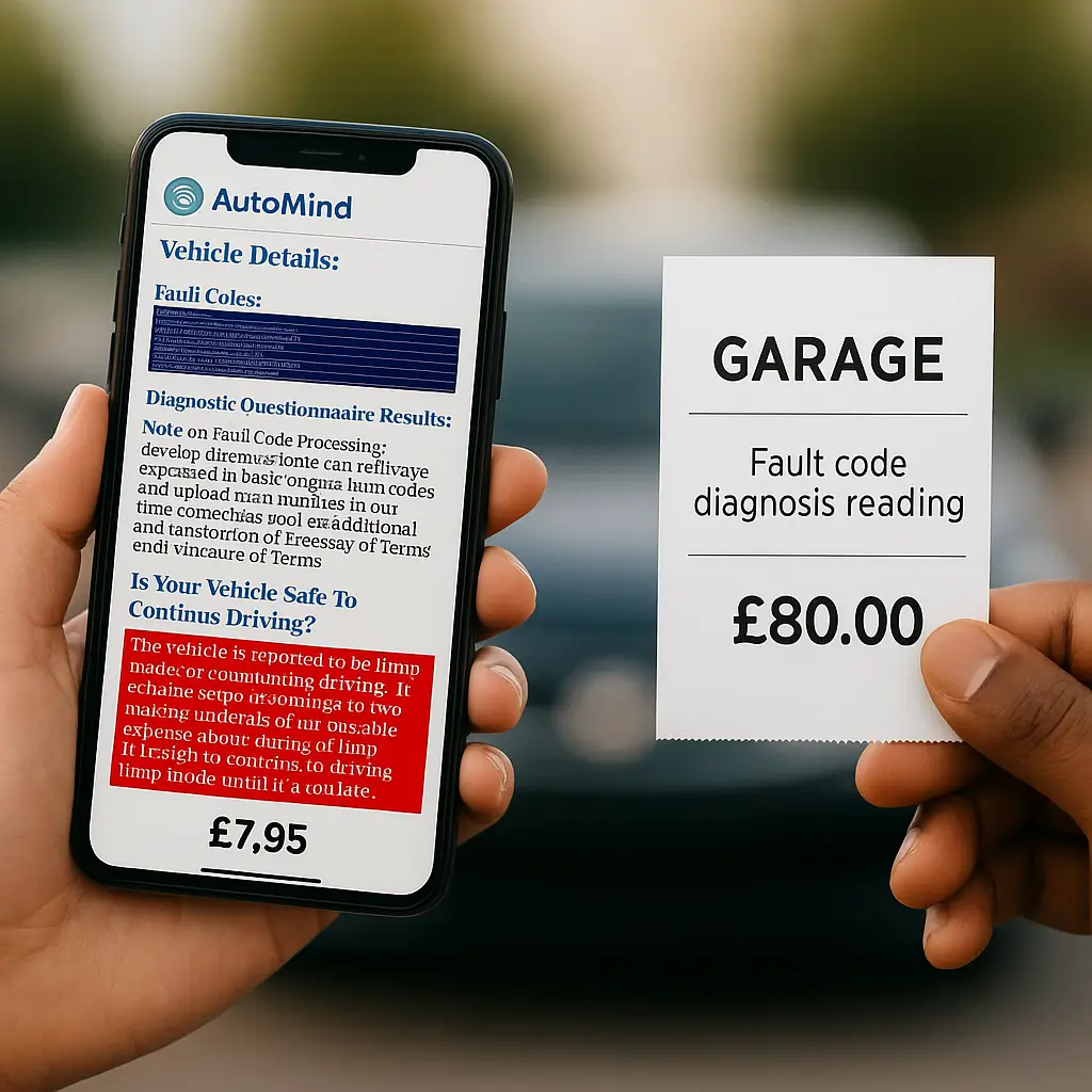 Side-by-side comparison of a smartphone displaying an AutoMind diagnostic report priced at £7.95 and a garage receipt charging £80.00 for fault code reading, highlighting the cost savings of using AutoMind.
