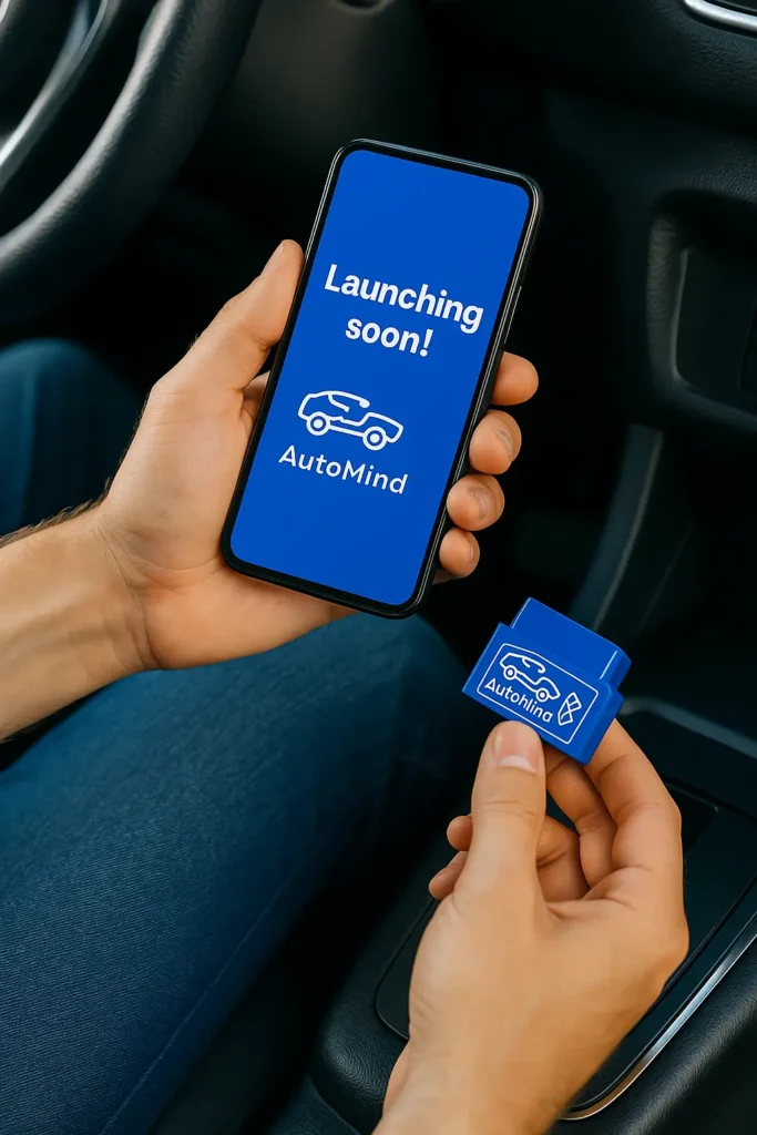 Close-up of a person plugging in a blue AutoMind diagnostic dongle, while holding a smartphone displaying the message 'Launching soon!' — representing the upcoming launch of the AutoMind service.