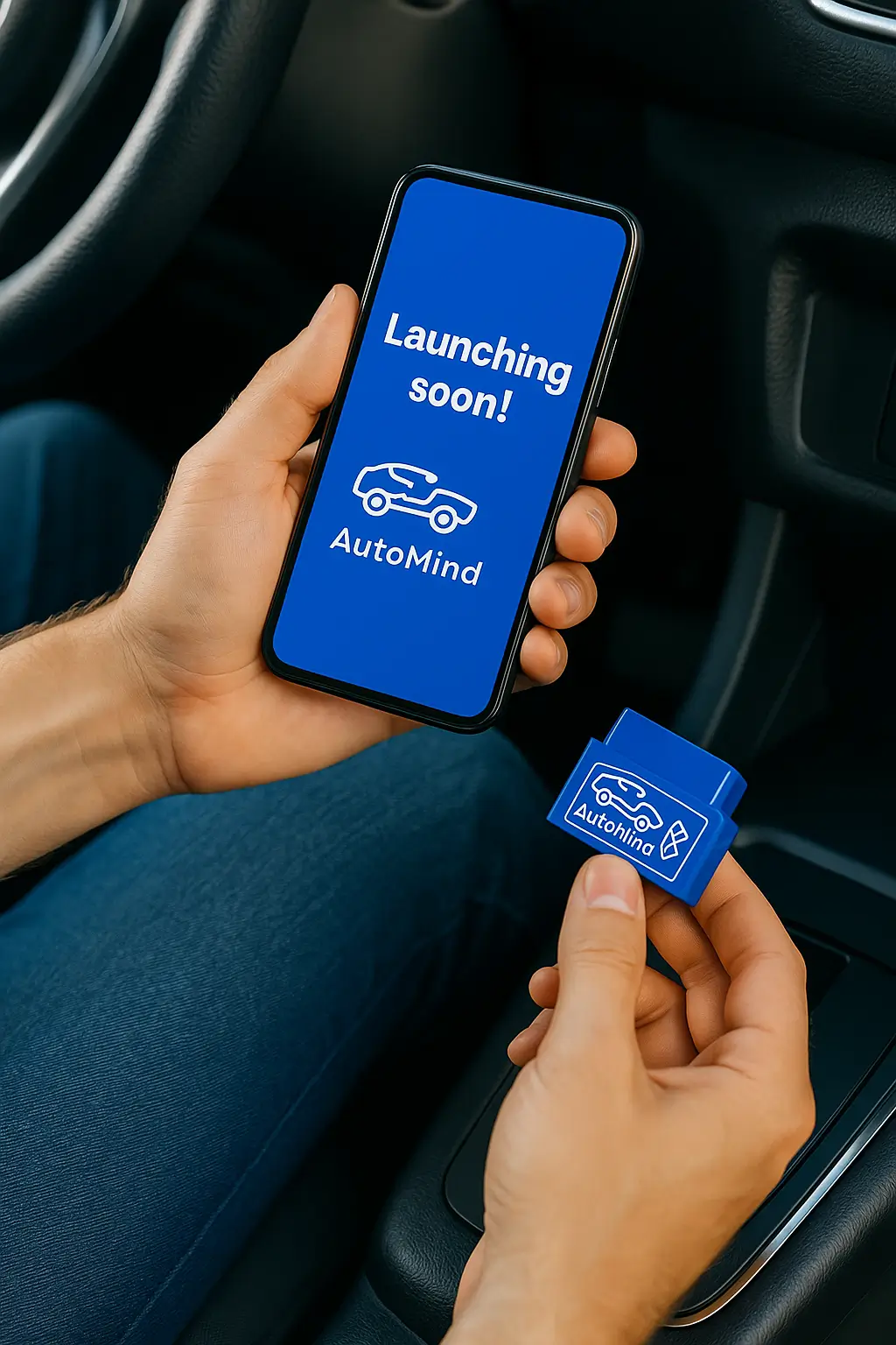 Close-up of a person plugging in a blue AutoMind diagnostic dongle, while holding a smartphone displaying the message 'Launching soon!' — representing the upcoming launch of the AutoMind service.