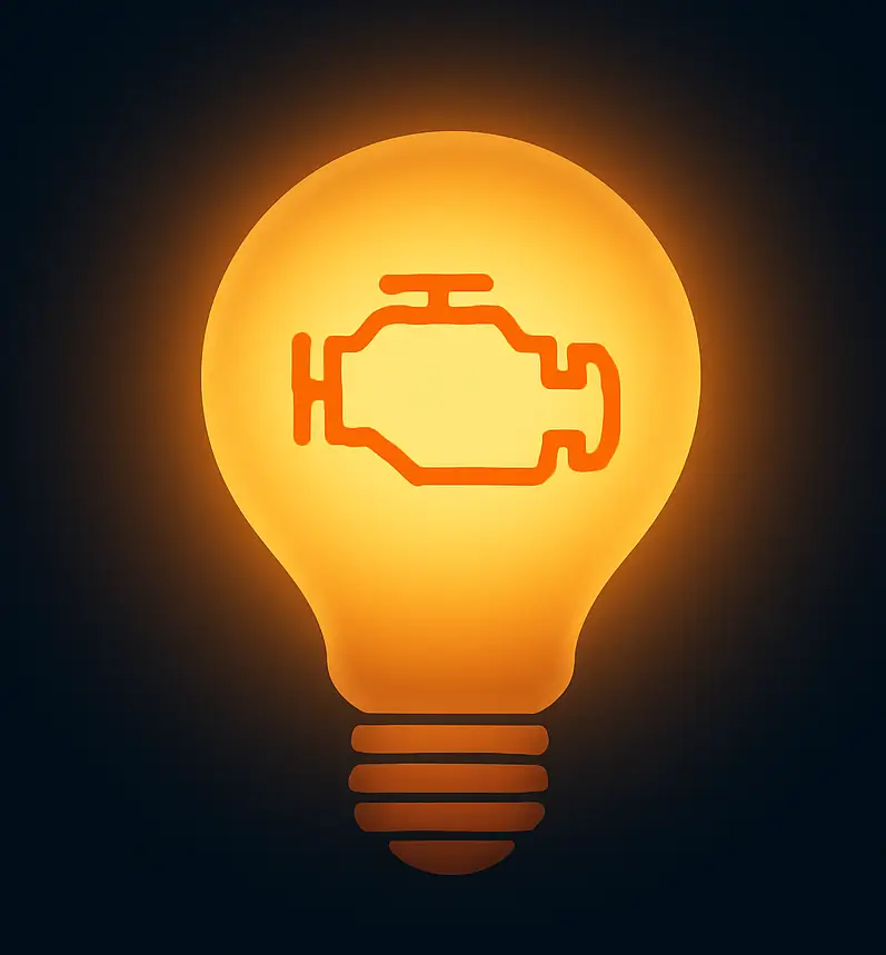 Illustration of a glowing lightbulb with an engine management warning icon inside, symbolising the origin idea behind AutoMind.