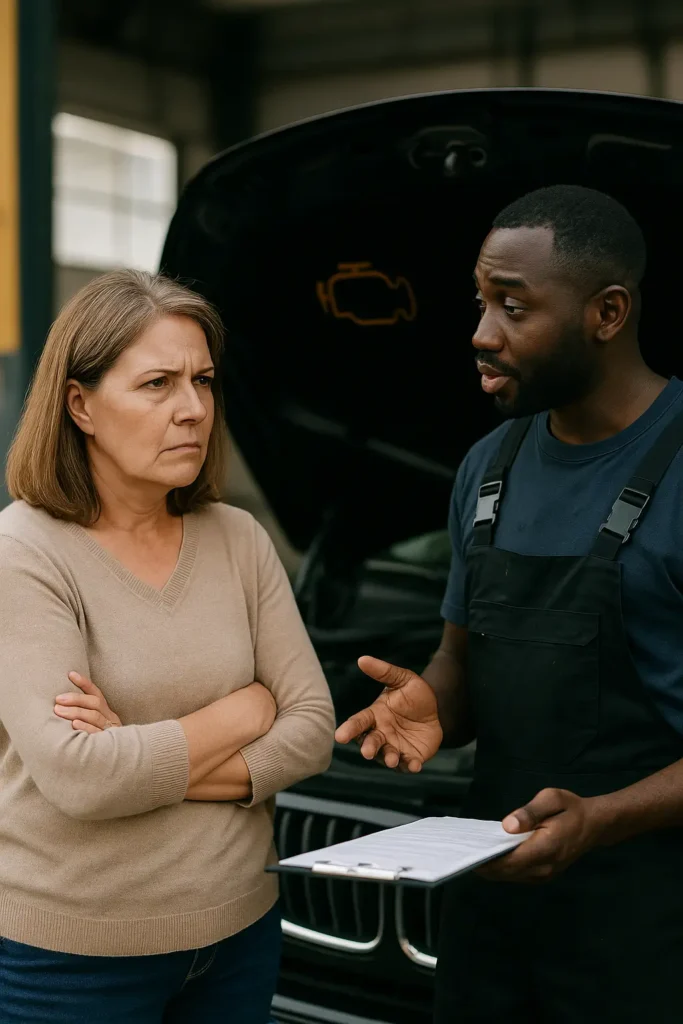 Frustrated and mistrusting woman speaking to a mechanic in front of a car with its bonnet open, symbolising confusion and mistrust around vehicle fault explanations.