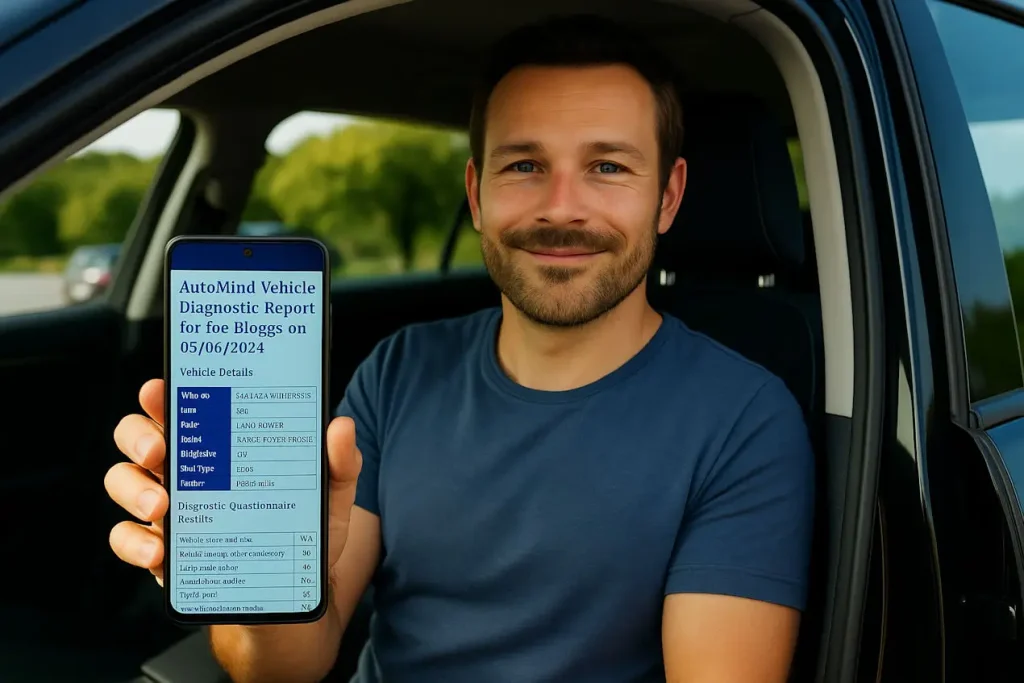 Smiling man sitting in his car holding a completed AutoMind vehicle diagnostic report on his phone, showing confidence after using the app