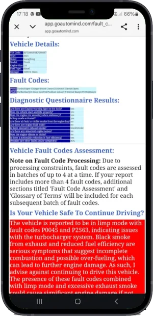 AutoMind app: AI vehicle diagnostics report