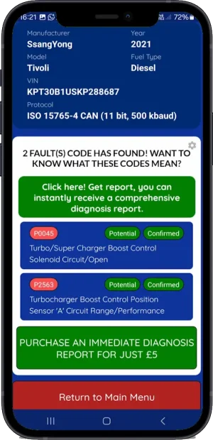 AutoMind app: Vehicle fault codes scan results